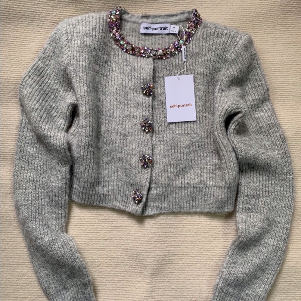 Self-Portrait Embellished Grey Cropped Knit Cardigan